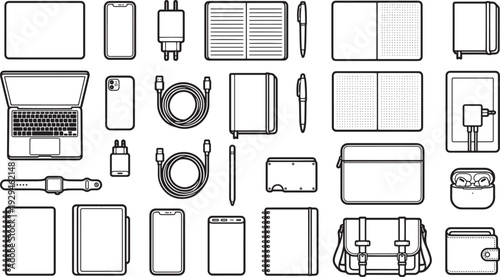 A top-down view of modern digital devices and office supplies arranged neatly, illustrating themes of technology, productivity, and essential elements.