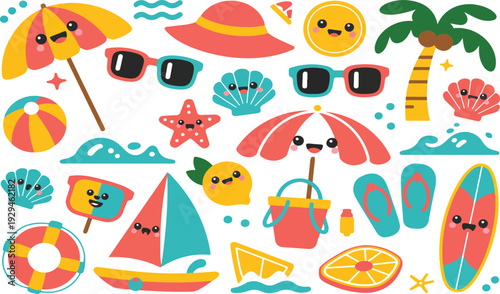 Cute Summer Beach Elements Vector Set with Smiling Umbrella Sunglasses Ice Cream Waves and Tropical Accessories