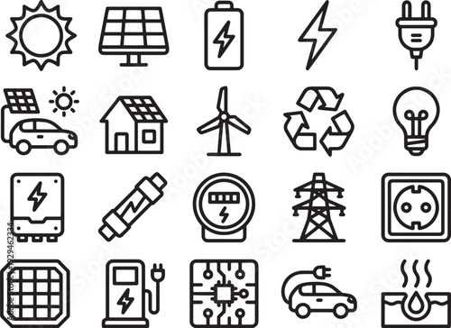 A collection of solar panel, battery, energy and eco-friendly icons that symbolize innovation, conservation, and sustainability.