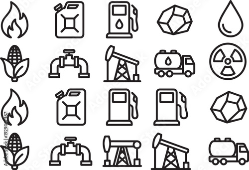 Line art illustrations of essential resources and energy sources are organized neatly, showcasing their vital role in our daily lives. This image highlights the interconnectedness of energy.