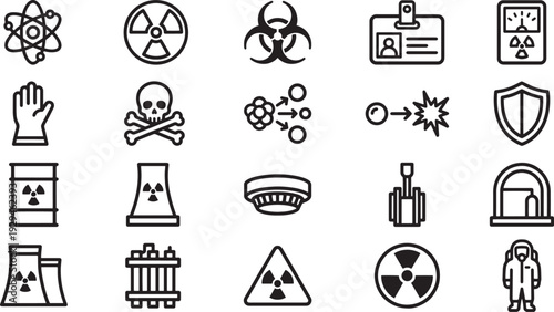 A collection of icons related to radiation, biohazard, and safety equipment, creating a comprehensive visual guide.