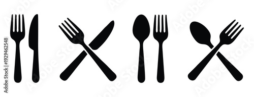Fork Knife Spoon Icons Set Vector, Silverware solid monochrome icon set, Fork, Spoon and Knife icons, Cutlery Set icon, Fork clipart, Spoon Clipart, knife clipart, kitchen Tools and utensils.
