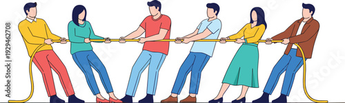 Business Team Tug of War Competition Concept with Office Workers Pulling Rope Flat Vector Illustration