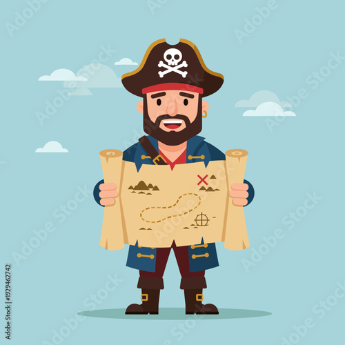 A cartoon pirate character with a beard and a skull hat holding an old treasure map with an 'X' mark.