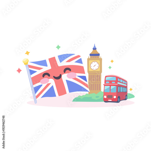 United Kingdom Cartoon Travel Illustration With British Flag And Landmarks. Cute UK Vector Featuring London Bus Big Ben And Smiling National Flag
