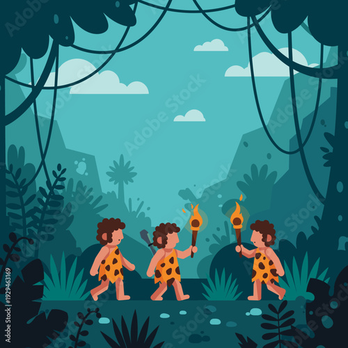Three cartoon cavemen children with torches exploring a dark jungle at night.