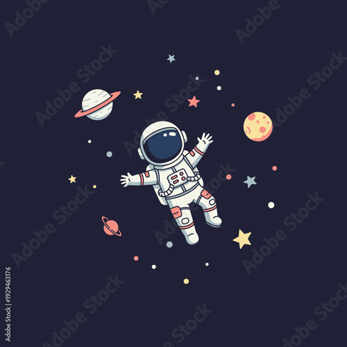 A cute cartoon astronaut floats peacefully in the vast dark blue expanse of outer space, surrounded by colorful planets and twinkling stars.