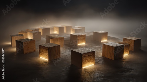 Abstract Array of Golden Pixelated Cubes in Circular Formation on Reflective Surface with Dramatic Lighting and Misty Background