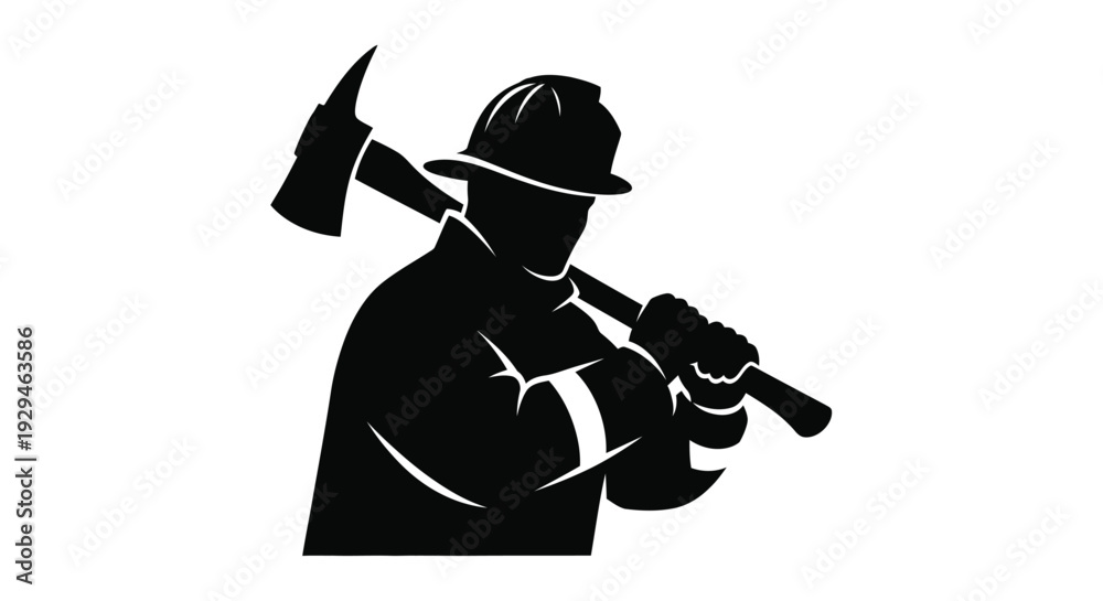 Obraz premium Firefighter silhouette holding axe on shoulder ready for action black icon on white background