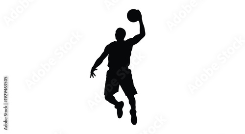 Man in black silhouette jumping to dunk a basketball with one hand raised high in athletic motion on white background