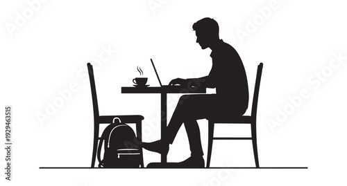Silhouette of man sitting at table working on laptop, office business concept vector