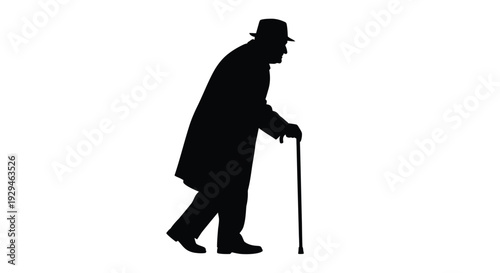 Silhouette of elderly man walking with cane dressed in coat and hat on white background representing old age and mobility