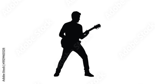 Silhouette of a man playing an electric guitar dynamically with energetic stance on white background