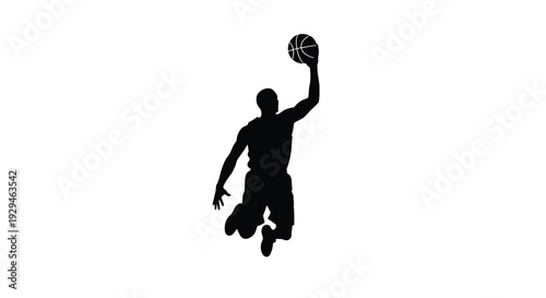 Man in silhouette jumping up to dunk a basketball with one hand athletic motion on white background
