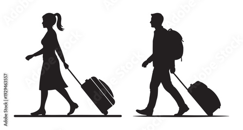 Travelers with luggage bags, silhouette of man and woman walking, travel concept design