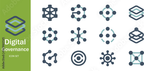Abstract Digital Governance Icon Set: Data Architecture, Connectivity Nodes, Network Structure, and Smart Technology Systems Vector Illustration.