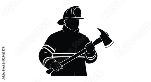 Firefighter silhouette holding axe ready for emergency response in black and white