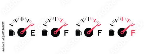 Fuel Gauge Icon full and empty gas tank indicator, automotive dashboard equipment, arrow pointer scale, vehicle fuel level vector illustration.
