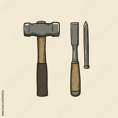 Illustration of a set of classic hand tools including a hammer, a wood chisel, and a metal punch on a light background.