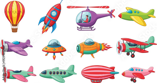 Cartoon Air Transport Collection with Airplane Helicopter Rocket UFO and Hot Air Balloon Flat Vector Illustration Set