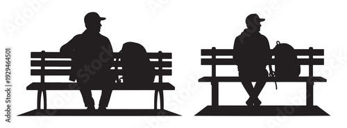 Silhouette of man sitting on park bench with backpack, isolated vector illustration design