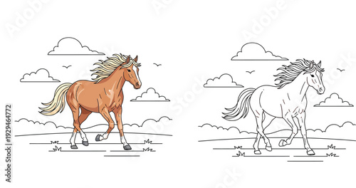 Running horse vector illustration with a colored version and a black and white line art outline for coloring pages.