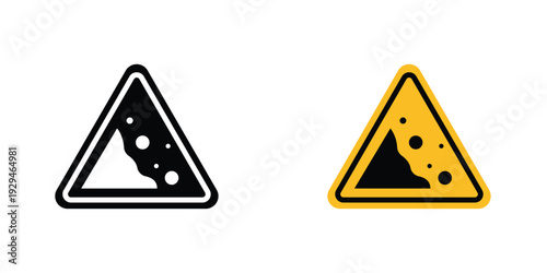 Falling rocks or debris warning road sign in doodles flat and line stroke pack