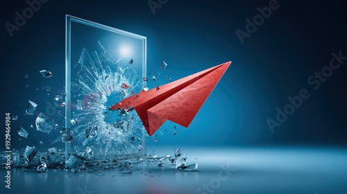 Red Paper Airplane Breaking Through Glass on Blue Background Under Spotlight for Innovation Metaphor or Solution Concept Idea