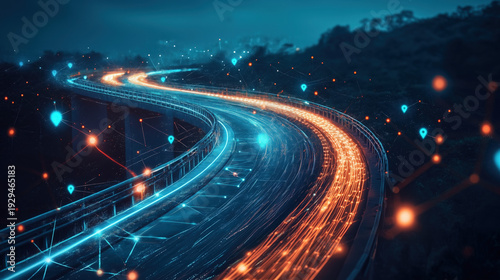 curved bridge road with digital waypoint icons connected by light trail, strategic planning visualization, modern business tone