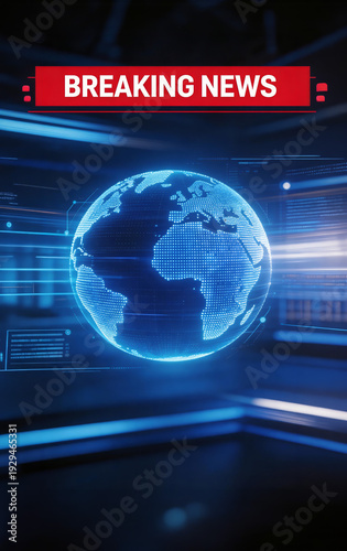 Vertical news broadcast design featuring luminous dotted globe, dramatic red breaking news banner and high tech interface elements suggesting real time global information flow.