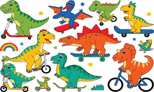 Cute Cartoon Dinosaurs Riding Scooters Bicycles and Skateboards Colorful Flat Vector Illustration Set