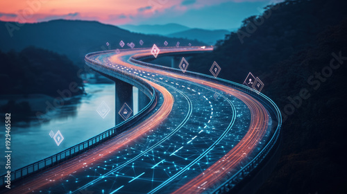 curved bridge road with digital waypoint icons connected by light trail, strategic planning visualization, modern business tone