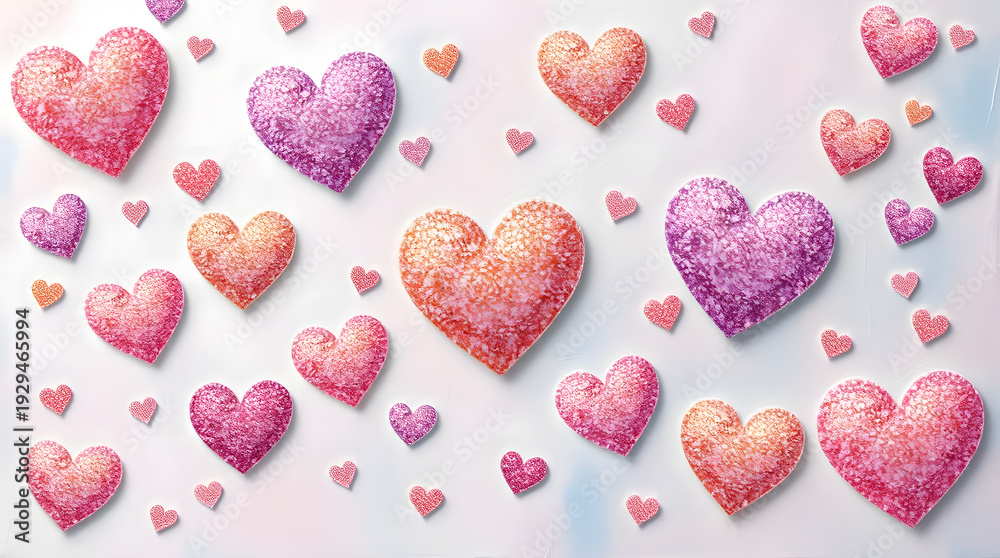 Fototapeta premium Pattern of sparkling pink and purple sugar hearts on a light background
