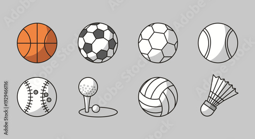 Collection of Popular Sports Balls and Equipment Icons on Gray Background