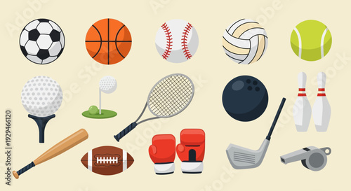 Collection of diverse sports equipment and balls on a light background