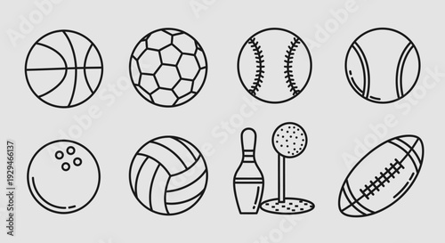 Collection of Sport Balls and Equipment Icons on Gray Background