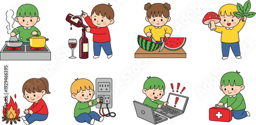 Children Safety Awareness Collection with Dangerous Situations and Safe Behavior Cartoon Flat Vector Illustration Set