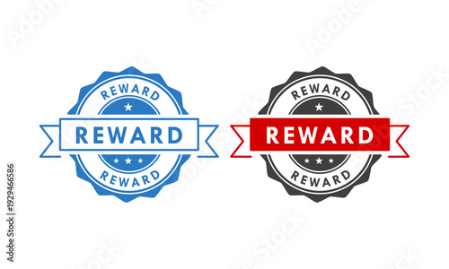 Professional reward stamp collection featuring blue, red, and black circular badges. Vector graphic elements with serrated edges and stars for awards and certifications.