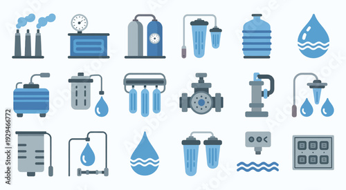 Water Filtration Icon flat style vector illustration, industrial water treatment symbols