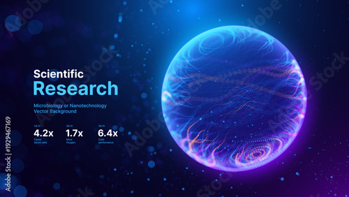 Biology Cell Scientific Medical Research Background. Science Blue Cells Backdrop with Depth of Field Blur Particles Effect. Futuristic Plant Microbiology. Blue Virus Cells Vector Illustration.