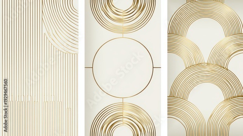 Elegant Golden Geometric Patterns on Light Background Abstract Design with Arcs Circles and Lines Modern Art Deco Style Illustration for Decoration