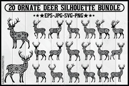 A collection of twenty deer silhouettes in various poses and orientations Vector
