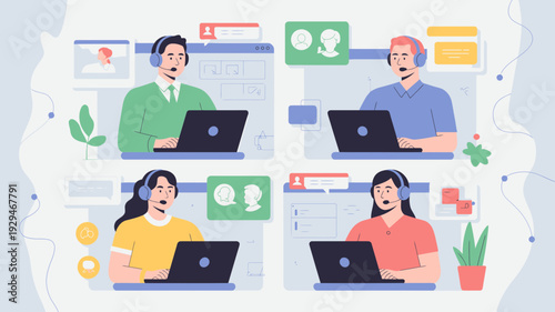 A vector graphic illustration of four people wearing headsets and working on laptops in a modern office setting with a minimalist design