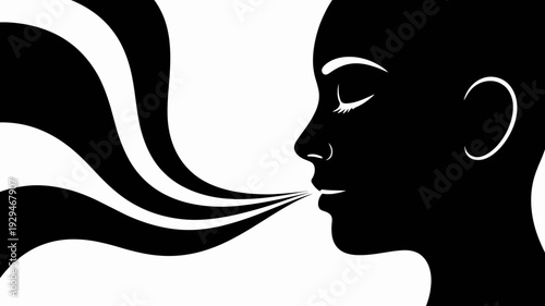 A minimalist vector graphic illustration of a woman's face in black silhouette with flowing lines emerging from her mouth.