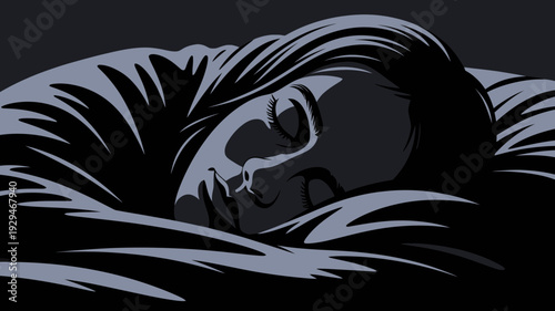 A minimalist vector graphic illustration of a woman crying in bed at night