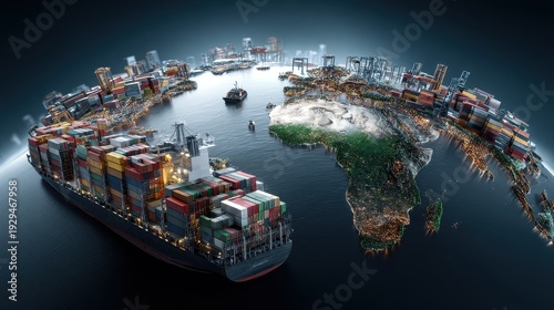 3D rendered import export logistics, world map, globe, visualizing global cargo transport.