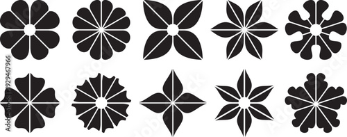 Collection of eight black floral patterns with white lines