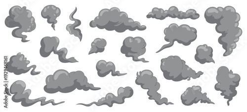 Explosive Smoke Icon cartoon-style dark smoke puffs, swirling cloud and bomb explosion effects, dust, vapor, and steam for comics, fire blast and car exhaust vector illustration.