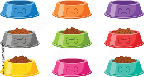 Colorful Dog Food Bowls Collection with Empty and Filled Pet Dishes Flat Vector Illustration Set