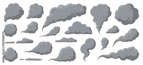 Explosive Smoke Icon cartoon-style dark smoke puffs, swirling cloud and bomb explosion effects, dust, vapor, and steam for comics, fire blast and car exhaust vector illustration.